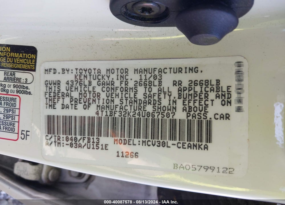 2004 TOYOTA CAMRY LE V6 VIN: 4T1BF32K24U067507