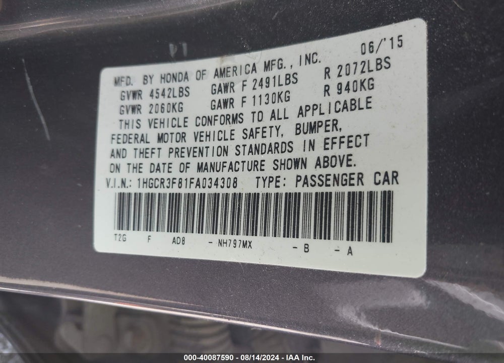 2015 HONDA ACCORD EX-L V-6 VIN: 1HGCR3F81FA034308