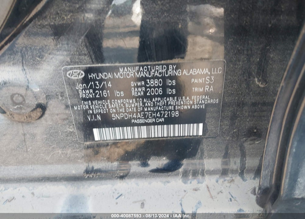 2014 HYUNDAI ELANTRA VIN: 5NPDH4AE7EH472198