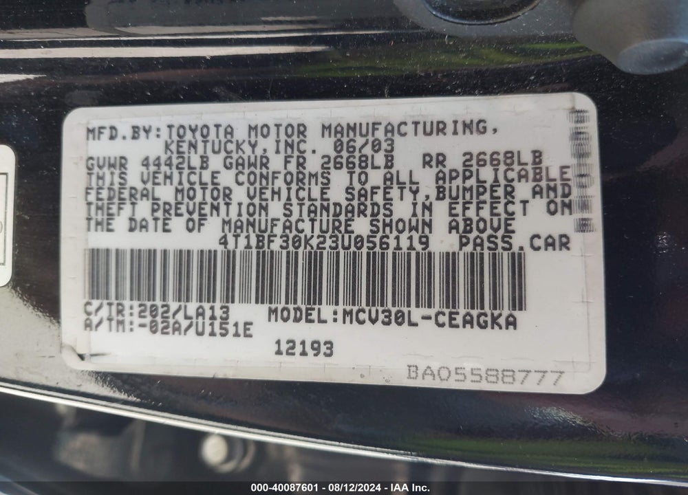 2003 TOYOTA CAMRY XLE V6 VIN: 4T1BF30K23U056119