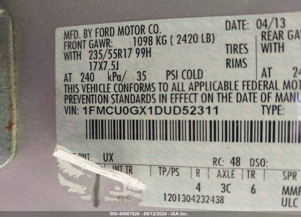 2013 FORD ESCAPE SE VIN: 1FMCU0GX1DUD52311