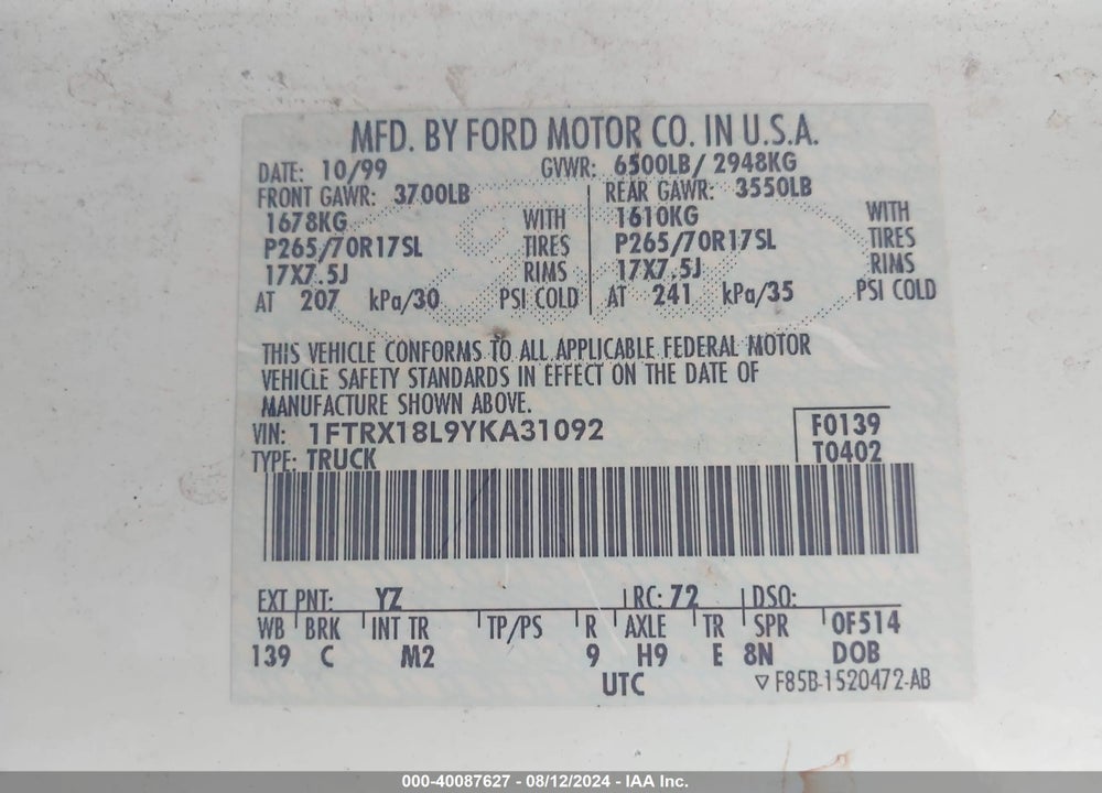 2000 FORD F-150 LARIAT/WORK SERIES/XL/XLT VIN: 1FTRX18L9YKA31092