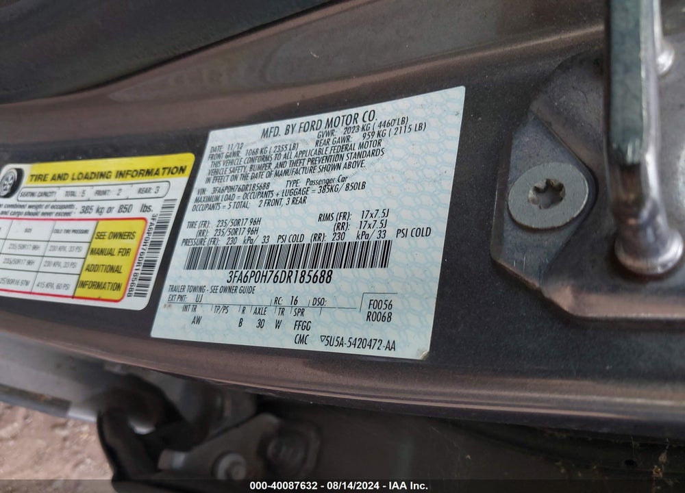 2013 FORD FUSION SE VIN: 3FA6P0H76DR185688