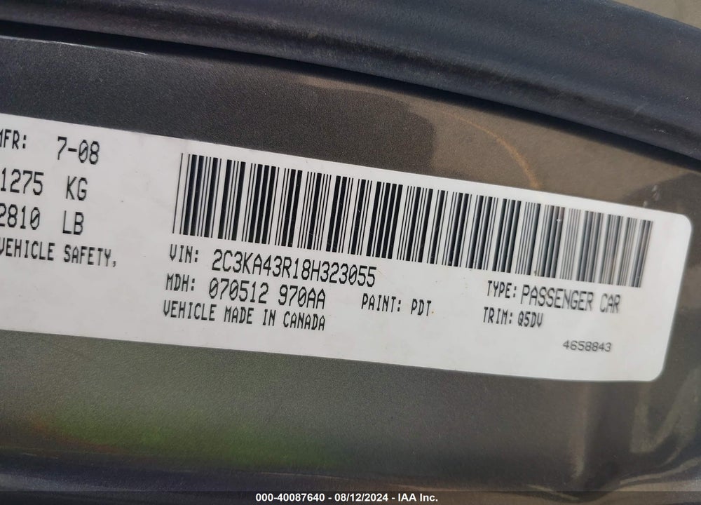 2008 CHRYSLER 300 LX VIN: 2C3KA43R18H323055
