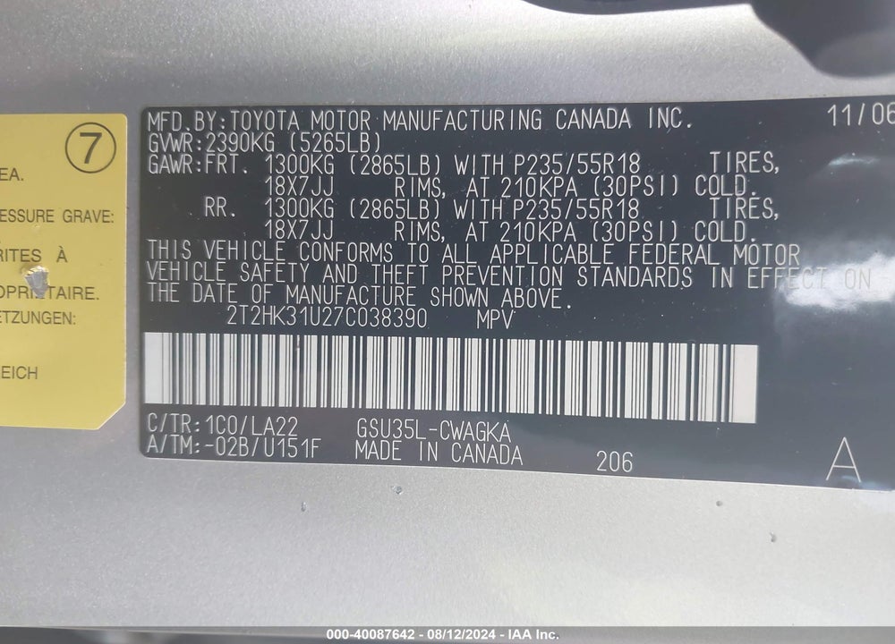 2007 LEXUS RX 350 VIN: 2T2HK31U27C038390