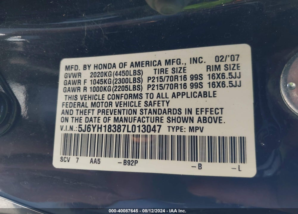 2007 HONDA ELEMENT LX VIN: 5J6YH18387L013047