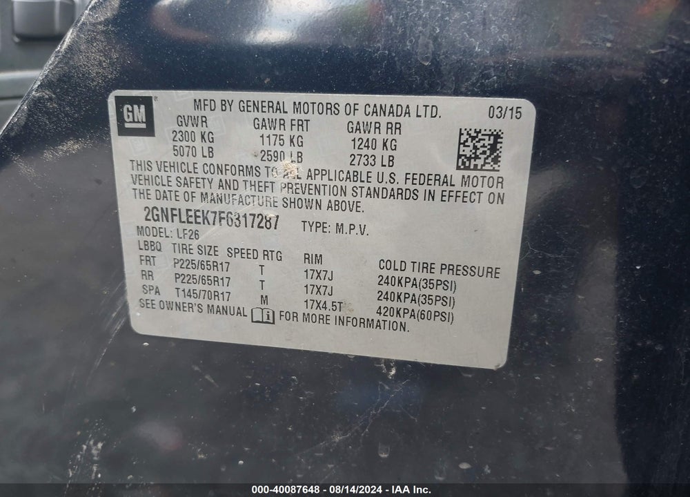 2015 CHEVROLET EQUINOX LS VIN: 2GNFLEEK7F6317287