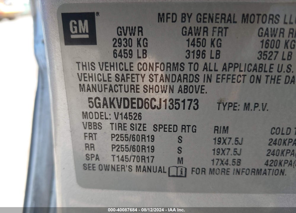 2012 BUICK ENCLAVE PREMIUM VIN: 5GAKVDED6CJ135173