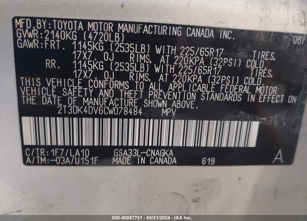 2012 TOYOTA RAV4 LIMITED V6 VIN: 2T3DK4DV6CW078484