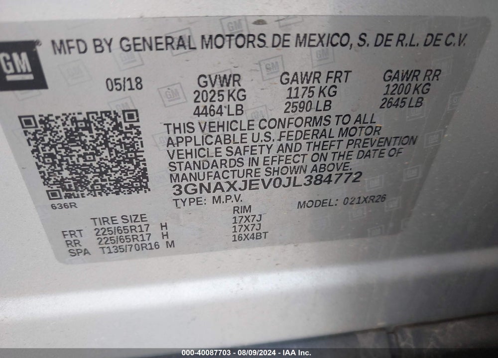 2018 CHEVROLET EQUINOX LT VIN: 3GNAXJEV0JL384772