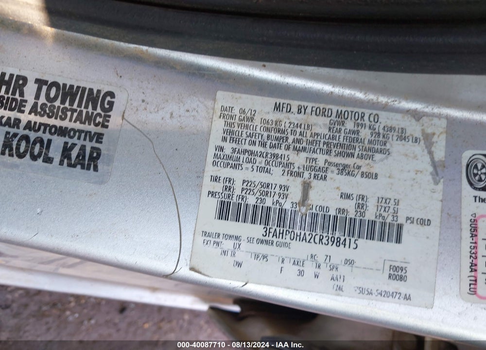 2012 FORD FUSION SE VIN: 3FAHP0HA2CR398415