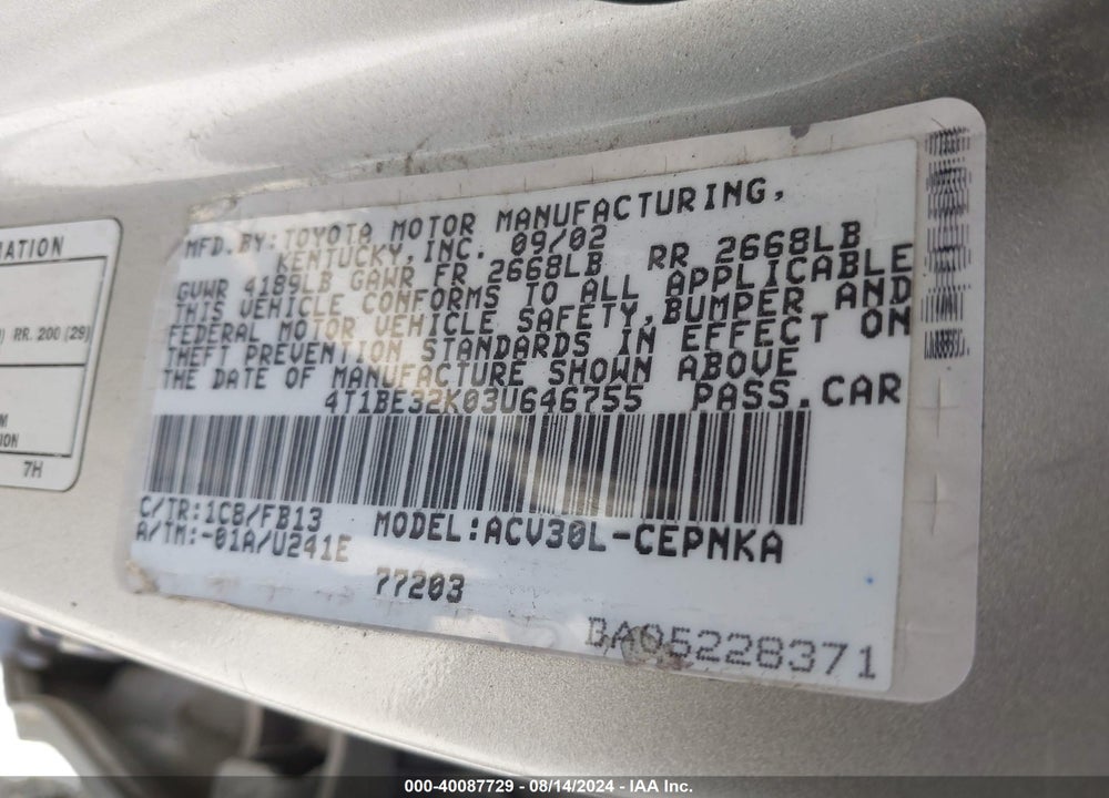 2003 TOYOTA CAMRY VIN: 4T1BE32K03U646755