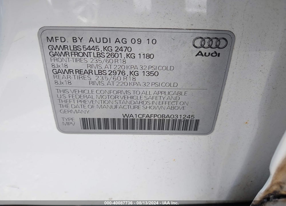 2011 AUDI Q5 2.0T PREMIUM VIN: WA1CFAFP0BA031245