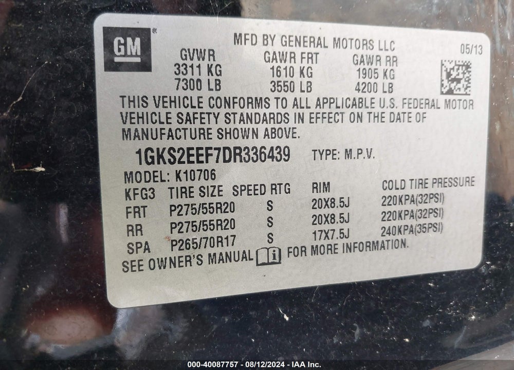 2013 GMC YUKON DENALI VIN: 1GKS2EEF7DR336439