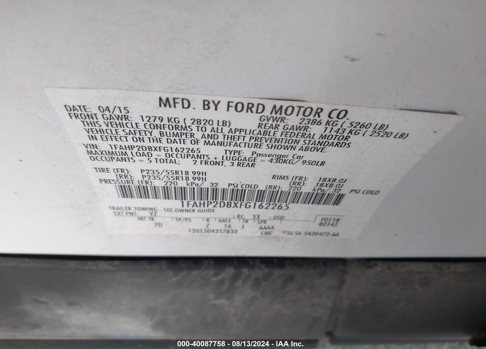 2015 FORD TAURUS SE VIN: 1FAHP2D8XFG162265