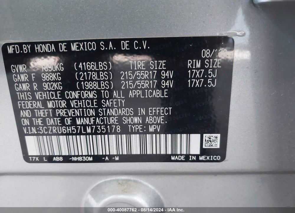 2020 HONDA HR-V AWD EX VIN: 3CZRU6H57LM735178