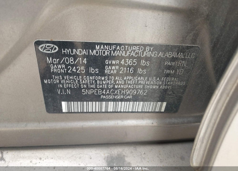 2014 HYUNDAI SONATA GLS VIN: 5NPEB4ACXEH909762
