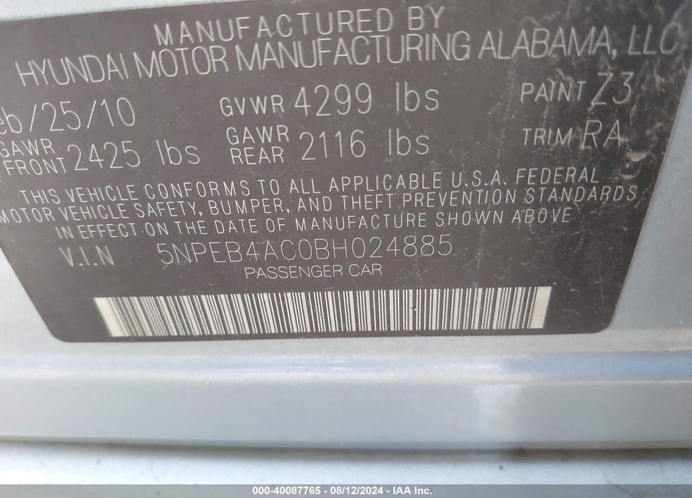 2011 HYUNDAI SONATA GLS VIN: 5NPEB4AC0BH024885