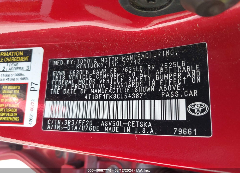 2012 TOYOTA CAMRY SE VIN: 4T1BF1FK8CU543871