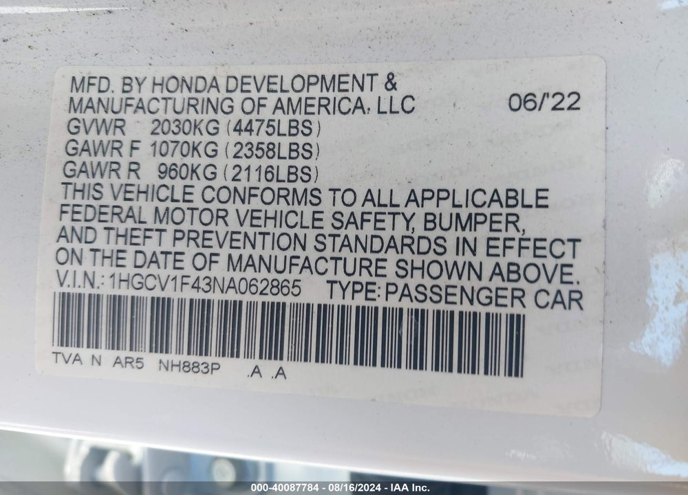 2022 HONDA ACCORD SPORT SPECIAL EDITION VIN: 1HGCV1F43NA062865