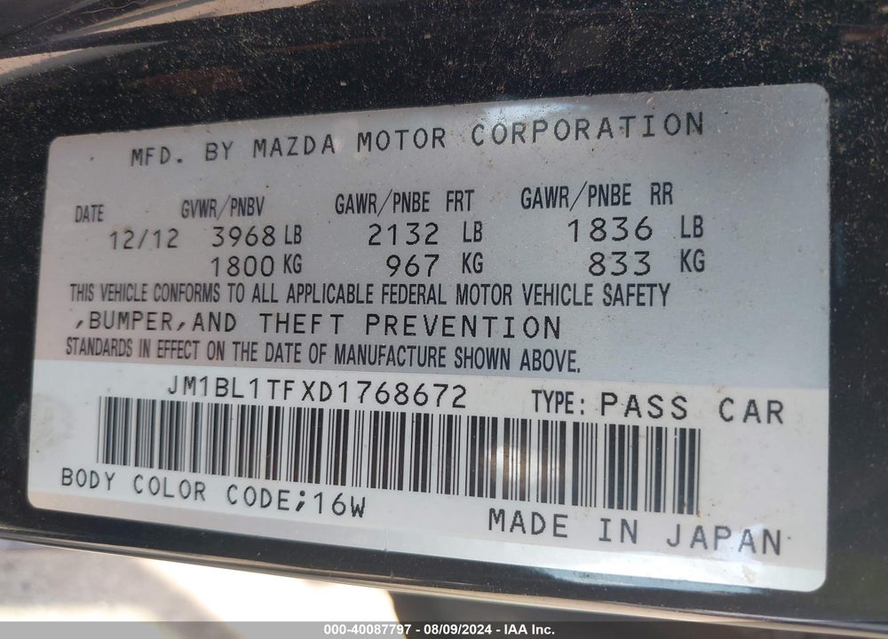 2013 MAZDA 3 I SV VIN: JM1BL1TFXD1768672