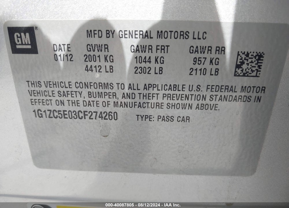 2012 CHEVROLET MALIBU 1LT VIN: 1G1ZC5E03CF274260
