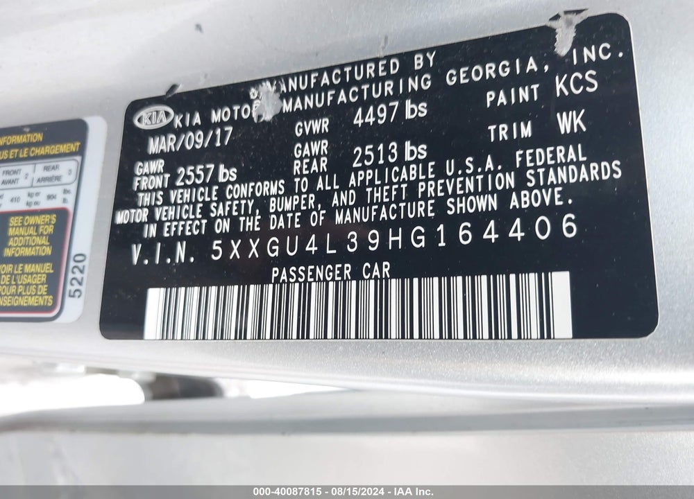 2017 KIA OPTIMA VIN: 5XXGU4L39HG164406
