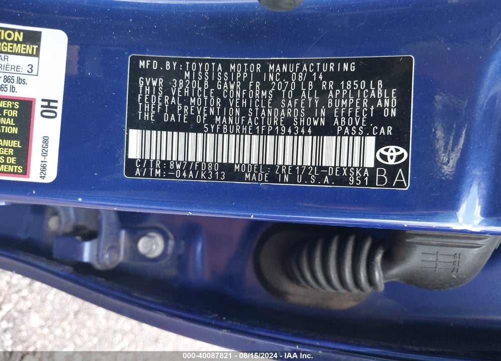 2015 TOYOTA COROLLA S PLUS VIN: 5YFBURHE1FP194344