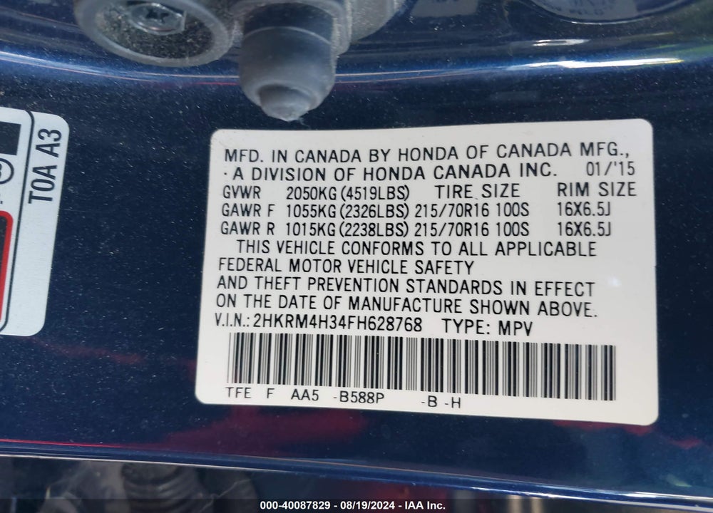 2015 HONDA CR-V VIN: 2HKRM4H34FH628768