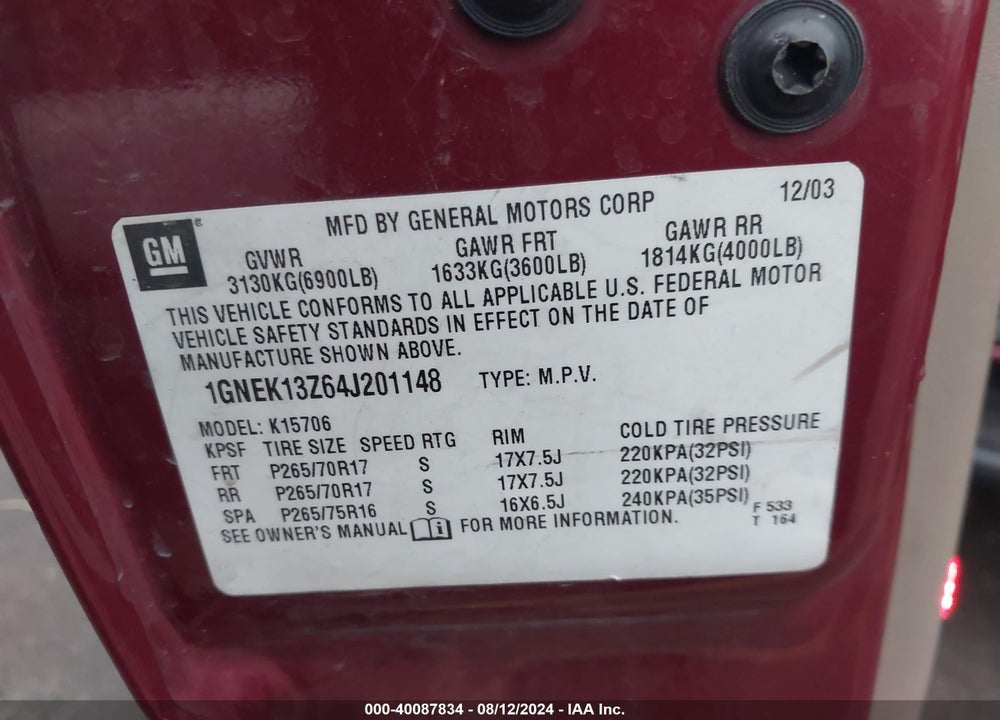 2004 CHEVROLET TAHOE LS/LT/Z71 VIN: 1GNEK13Z64J201148