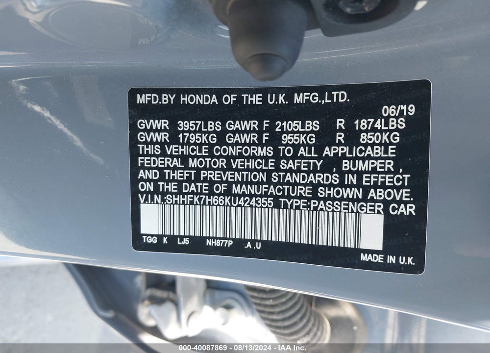 2019 HONDA CIVIC VIN: SHHFK7H66KU424355