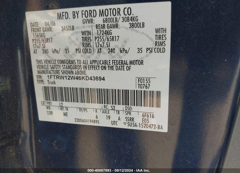 2006 FORD F-150 XLT VIN: 1FTRW12W46KD43694