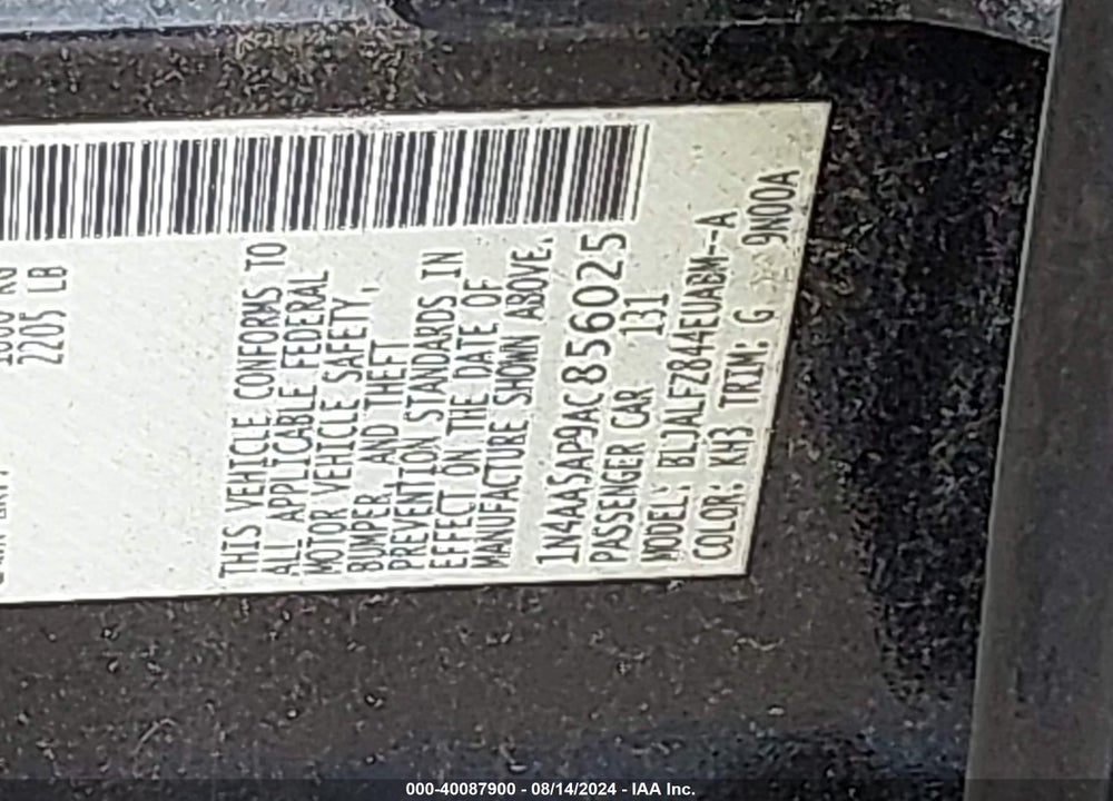 2010 NISSAN MAXIMA 3.5 SV VIN: 1N4AA5AP9AC856025