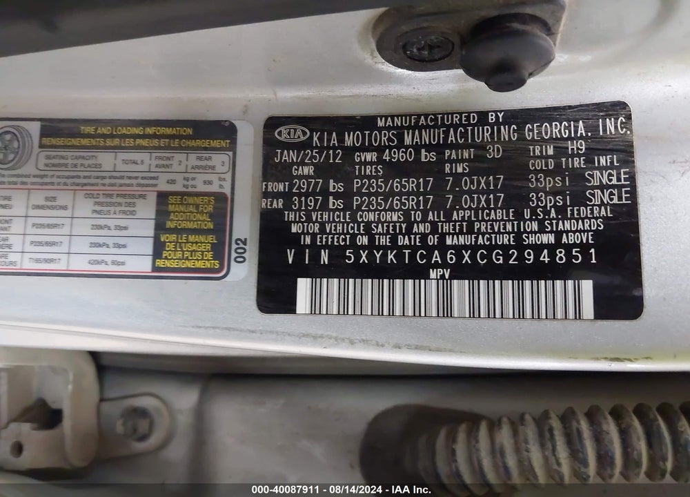 2012 KIA SORENTO LX VIN: 5XYKTCA6XCG294851