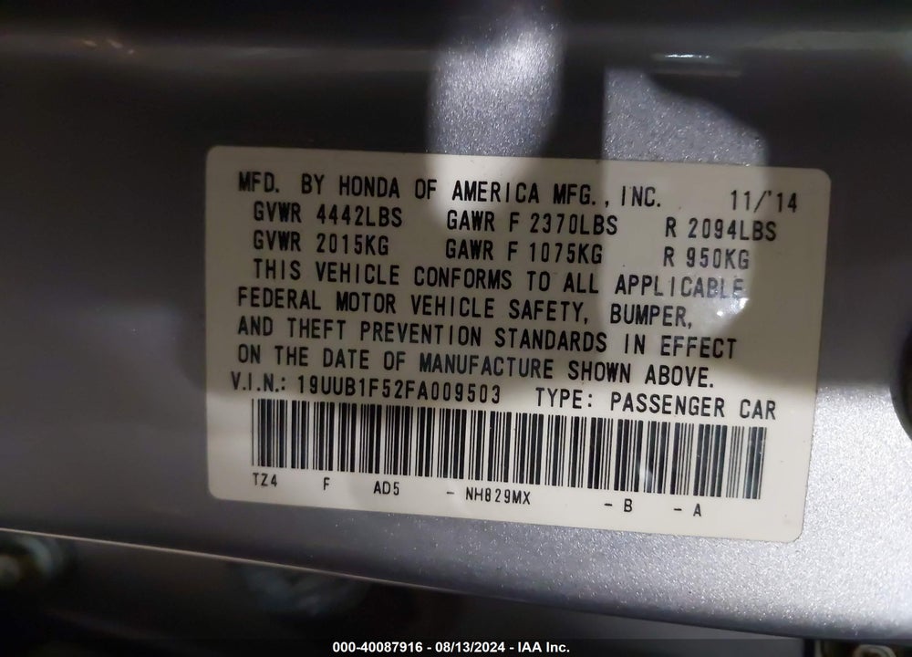 2015 ACURA TLX TECH VIN: 19UUB1F52FA009503