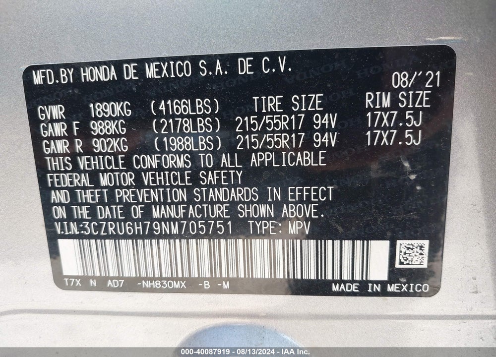 2022 HONDA HR-V AWD EX-L VIN: 3CZRU6H79NM705751