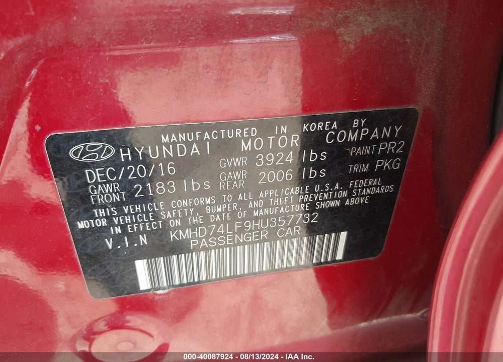 2017 HYUNDAI ELANTRA SE VIN: KMHD74LF9HU357732
