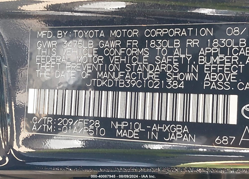 2012 TOYOTA PRIUS C THREE VIN: JTDKDTB39C1021384