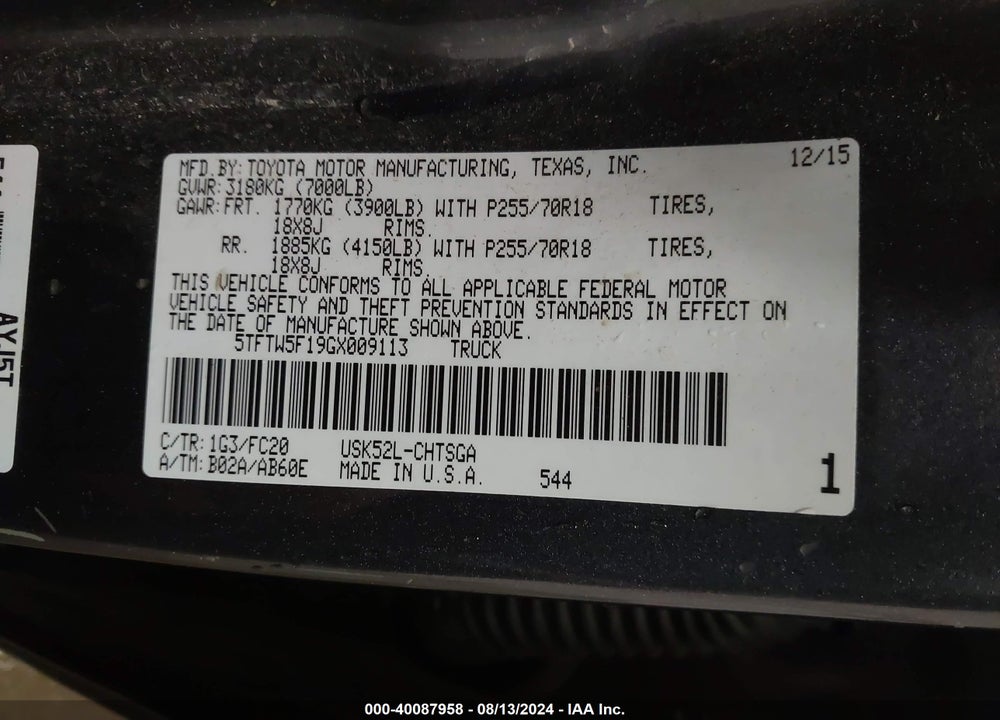 2016 TOYOTA TUNDRA SR5 5.7L V8 VIN: 5TFTW5F19GX009113