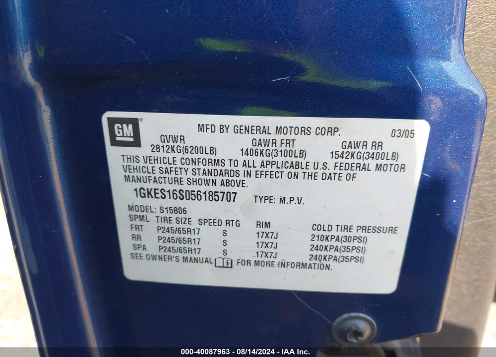 2005 GMC ENVOY XL VIN: 1GKES16S056185707
