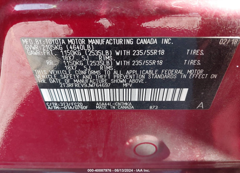 2018 TOYOTA RAV4 ADVENTURE VIN: 2T3RFREV9JW764697