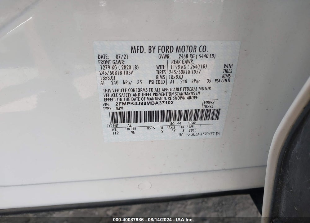 2021 FORD EDGE SEL VIN: 2FMPK4J98MBA37102