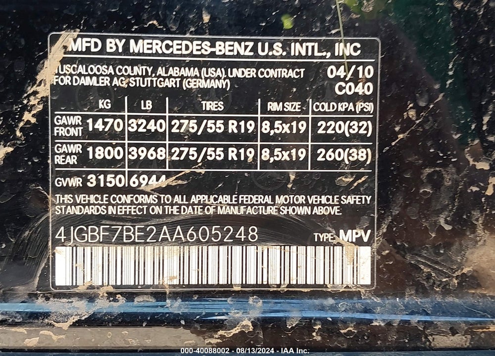 2010 MERCEDES-BENZ GL 450 4MATIC VIN: 4JGBF7BE2AA605248