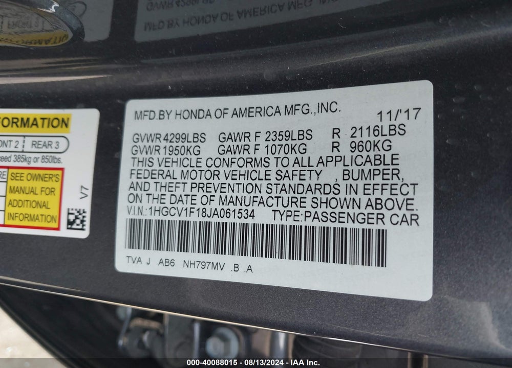 2018 HONDA ACCORD LX VIN: 1HGCV1F18JA061534