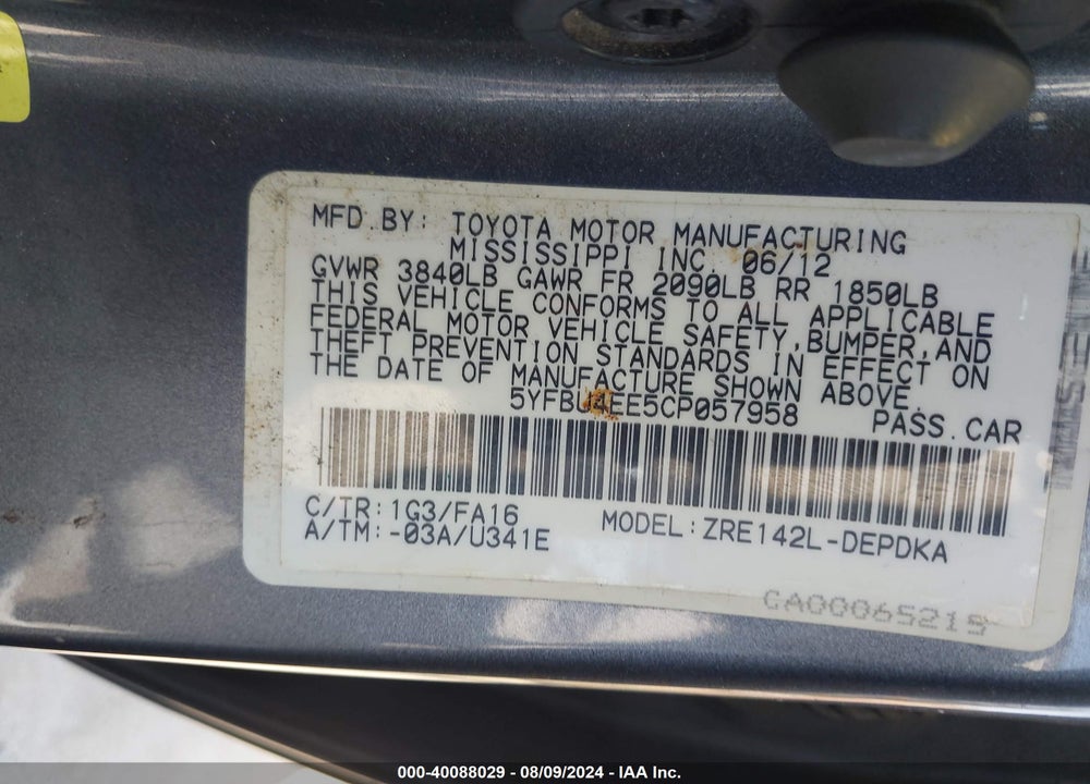 2012 TOYOTA COROLLA L VIN: 5YFBU4EE5CP057958