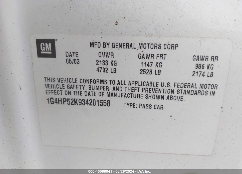 2003 BUICK LESABRE CUSTOM VIN: 1G4HP52K934201558