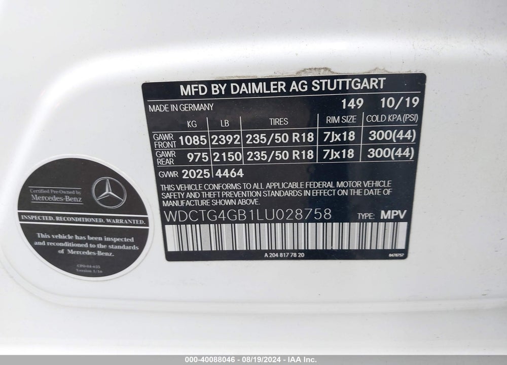 2020 MERCEDES-BENZ GLA 250 4MATIC VIN: WDCTG4GB1LU028758
