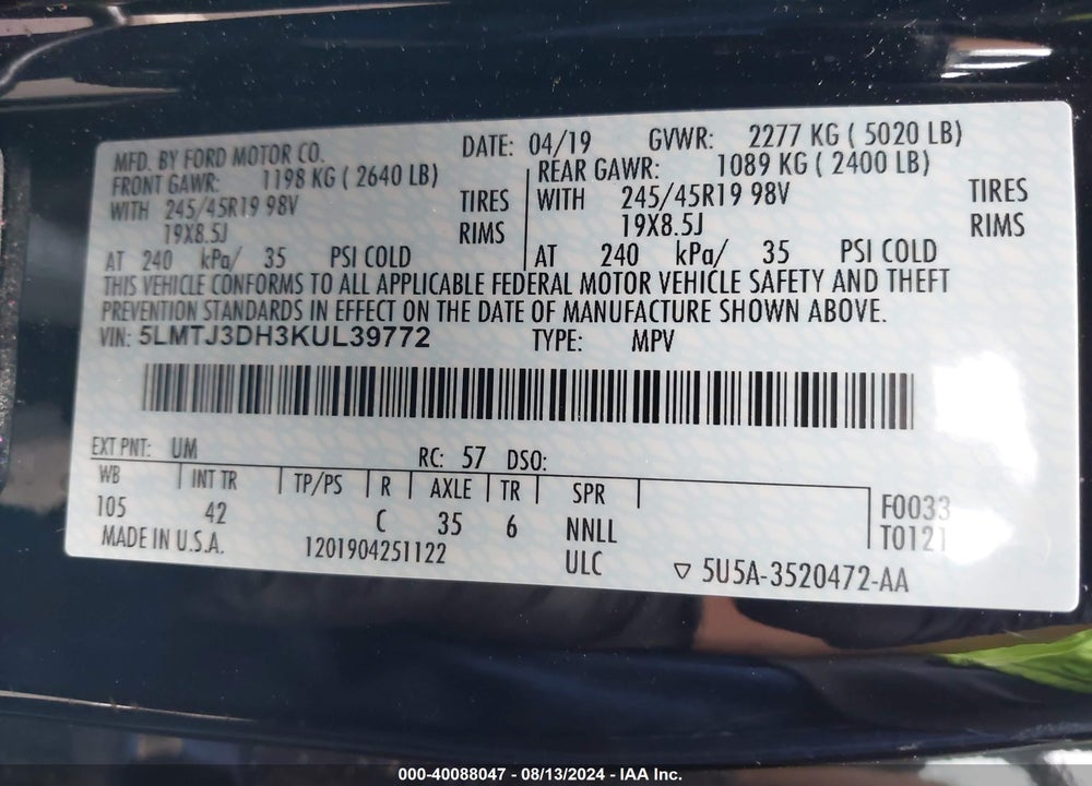 2019 LINCOLN MKC RESERVE VIN: 5LMTJ3DH3KUL39772