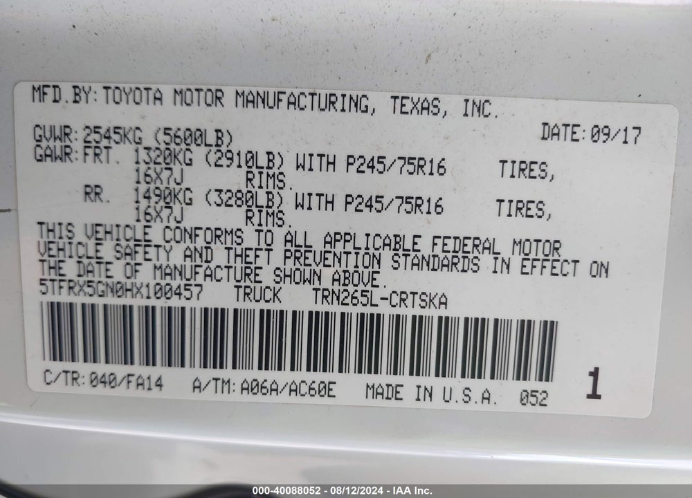 2017 TOYOTA TACOMA SR VIN: 5TFRX5GN0HX100457