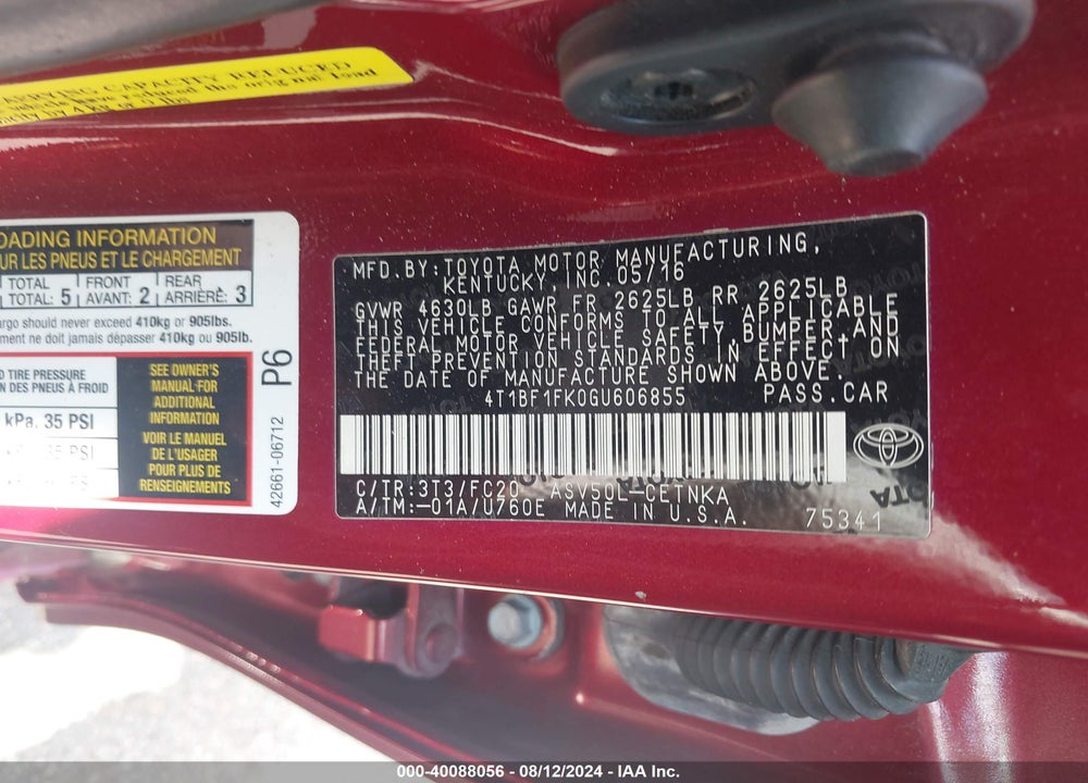 2016 TOYOTA CAMRY LE VIN: 4T1BF1FK0GU606855